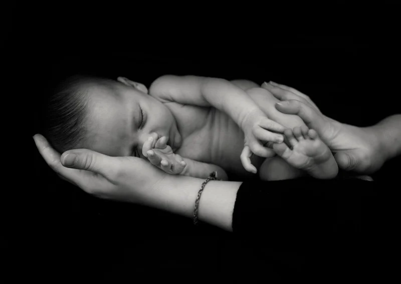 Neonato disteso sulle mani di un adulto, in bianco e nero — Veronica Garavaglia